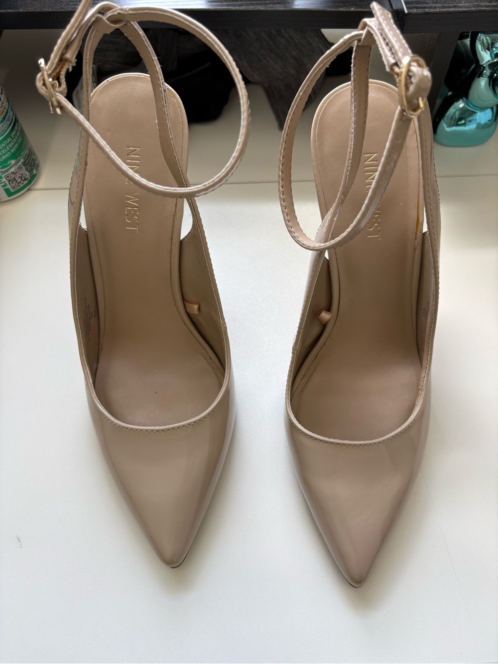 Nine West Nude Patent Pointed-Toe Ankle-Strap Pumps